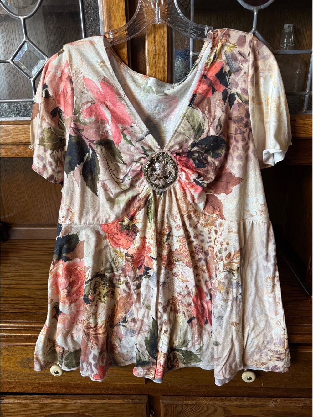 Y2K Dressbarn Floral Top 2X Beaded Jeweled Brooch V-Neck Boho